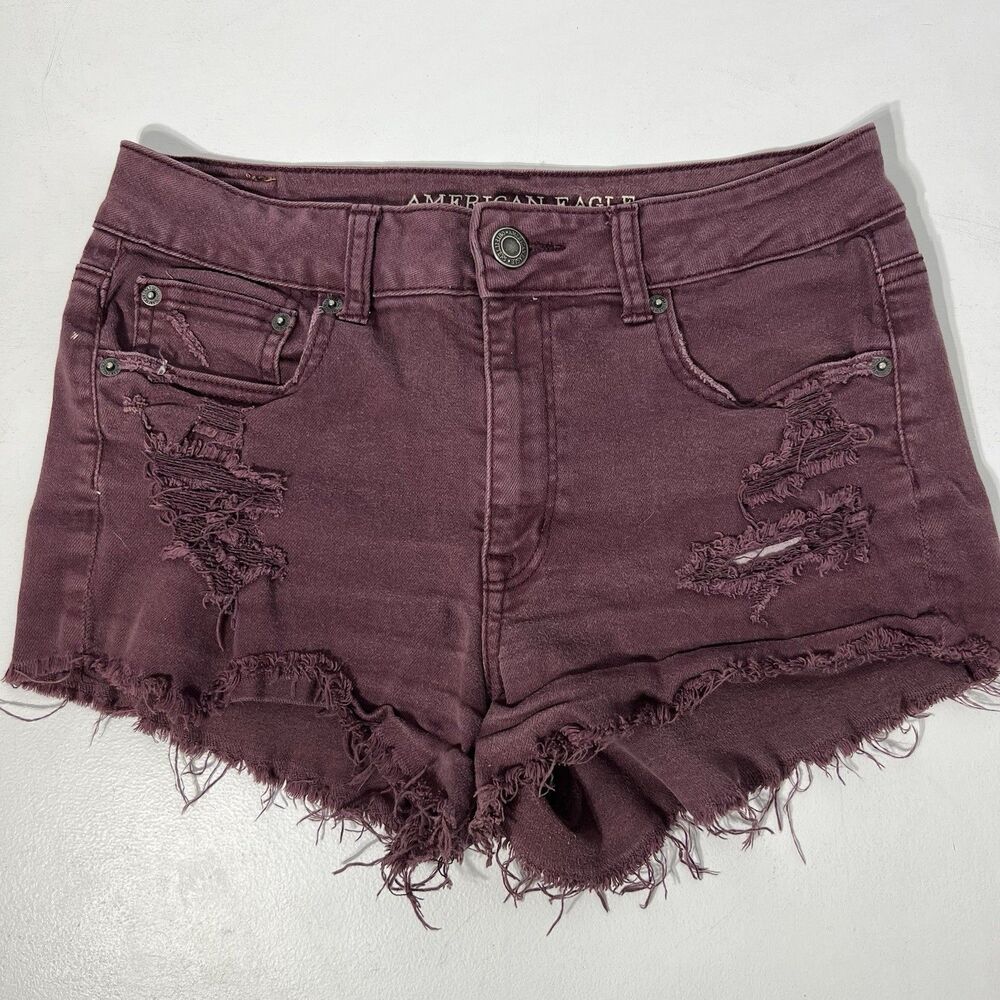American Eagle Jean Shorts Womens 8 Stretch Maroon Cut-Off Denim Distressed Y2K